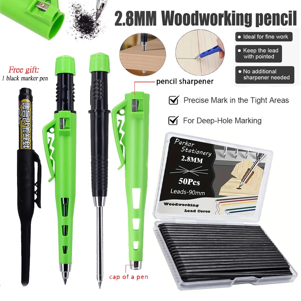New Creative 55mm Long Head Carpenters Pencil Set With 50Lead Refills, 2.8mm Woodworking Marking Pen Architect Drawing Tool