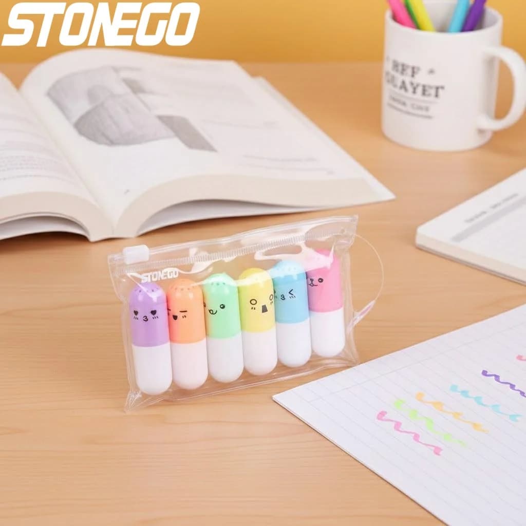 STOENGO Set di 6 mini evidenziatori a forma di pillole, penne colorate per disegno, forniture di cancelleria per scuola e ufficio
