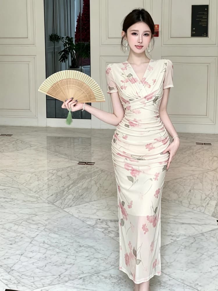 Abito Elegante e Sexy in Pizzo Floreale a Maniche Corte, Gonna Midi Aderente a Vita Alta per Donna, Stampa Estiva, Scollo a V, Modello a H
