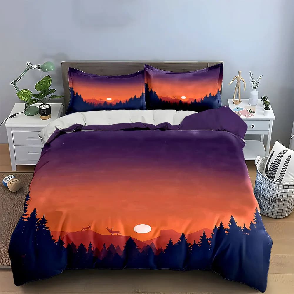 Set di biancheria da letto Sunset Forest Deer Art, morbido e confortevole, include 1 copripiumino e 2 federe, regalo