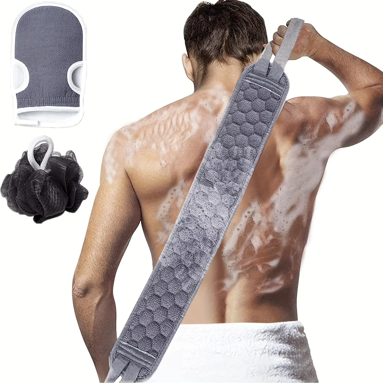 Exfoliating body scrubber set - Includes back scrubber, bath glove and bath sponge for shower, luff - deep cleaning and vitalization