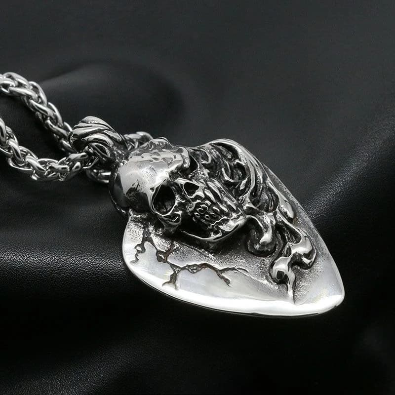 Heavy Metal Rock Skull Necklace - Blackened Titanium Steel Guitar Pick Pendant, Edgy Hip Hop Punk Jewelry for Men