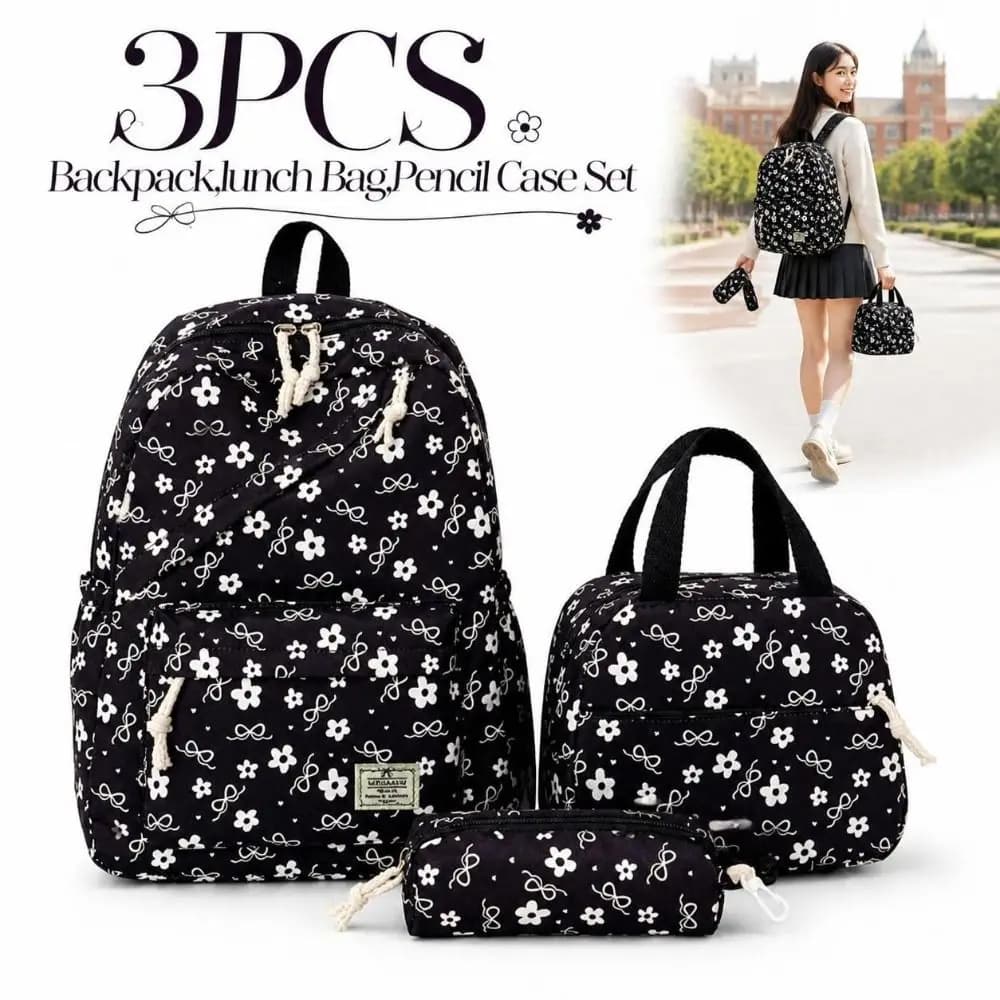 3PCS Bow Print Backpack,lunch Bag,Pencil Case Set Lightweight Spacious Schoolbag Set Multicolor Sweet Student Rucksack Set