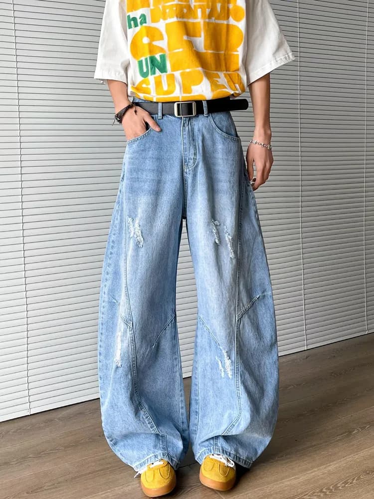 Trashy Y2K 2000S Streetwear Lavato Blu Baggy Strappato Jeans impilati Pantaloni per uomo 90S Abiti vintage Gamba larga Vecchi pantaloni in denim