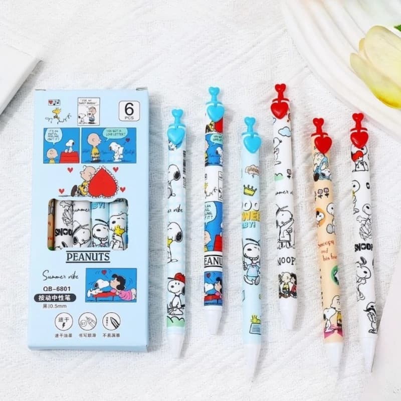 Set di 6 Penne a Pressione con Personaggio Snoopy, Penne Gel Nere Carine, Articoli di Cancelleria Kawaii per Studenti, Regali Anime