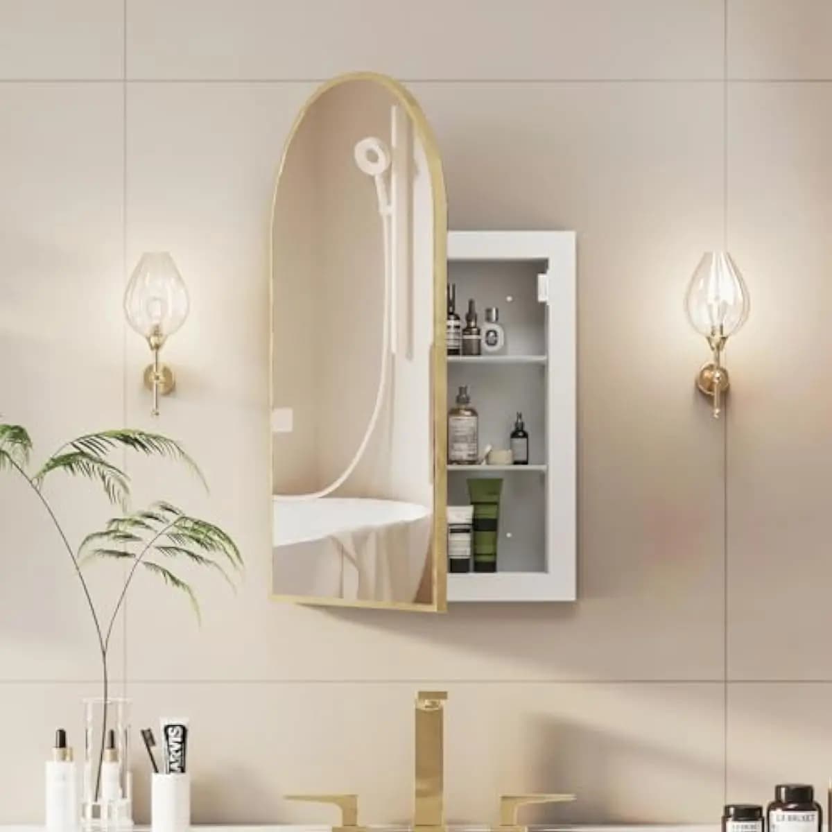 Arched Recessed Bathroom Mirror Cabinet with Curved Frame and Smooth Rounded Edges • Engineered Wood Construction • FSC-Certifie
