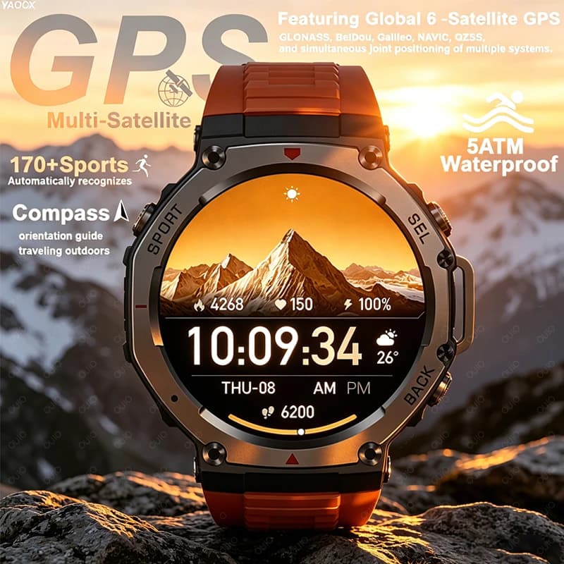 Orologio Sportivo GPS Militare da Uomo con Bussola, Impermeabile 5ATM, Display AMOLED da 1,43'', 170+ Modalità Sportive, Batteria da 500mAh, Chiamate BT, Smartwatch Sportivo da Uomo