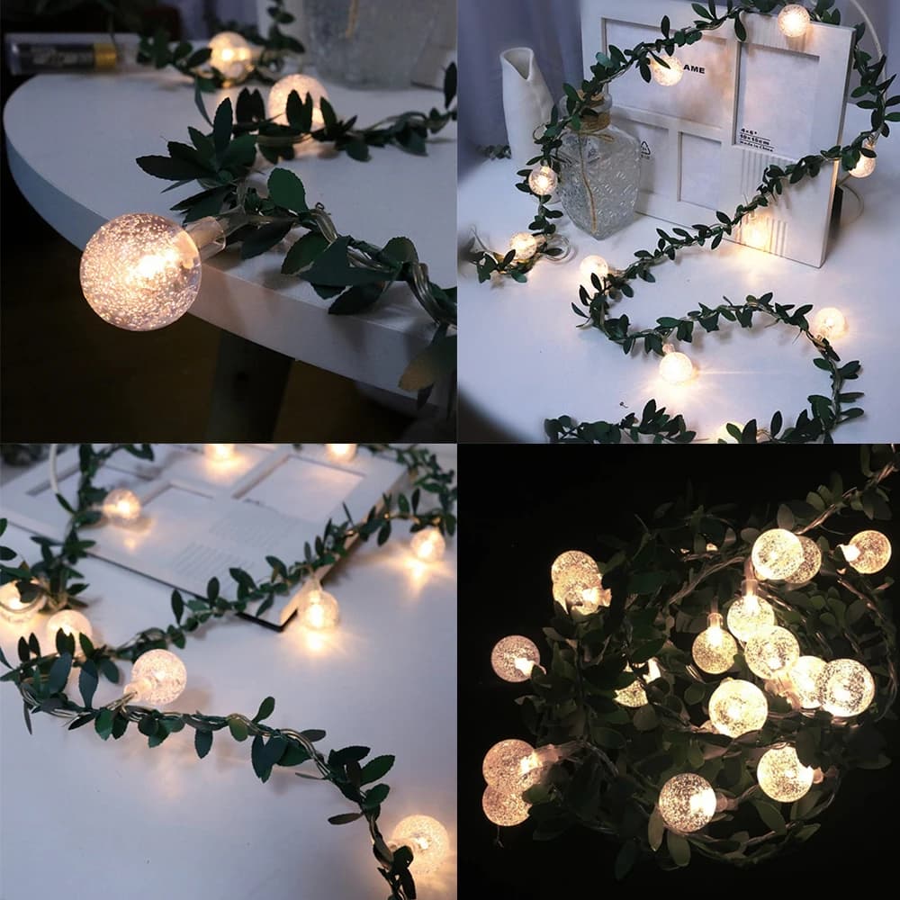 LED Crystal Ball Green Leaf String Lights luci di fata della vite artificiale luce di ghirlanda dell'albero di natale alimentata a batteria per diserbo