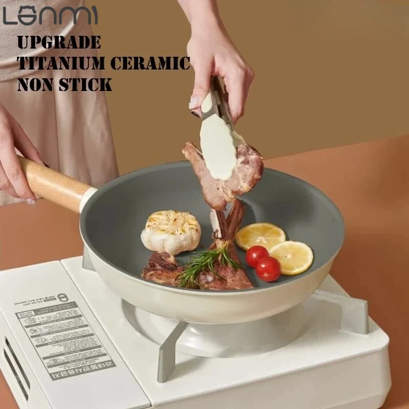 LANMI 24CM Titanium non-stick pan covered in ceramic Oil control Pan Kitchen Sana Steak Cooking Tile Universal Stoves