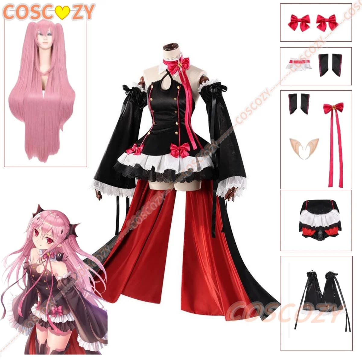 Anime Serafino dell'Ennd Krul Tepes Costume Cosplay Wig Vampire Black Red Lolita Dress Woman Adult Sexy Halloween Carnival Dress