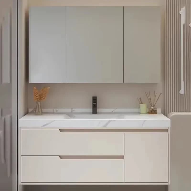 Mobile Bagno di Lusso Stile Crema con Specchio, Lavabo Integrato in Ceramica Senza Giunture con Lastra di Roccia, Organizer Ergonomico, Arredamento per Stanza