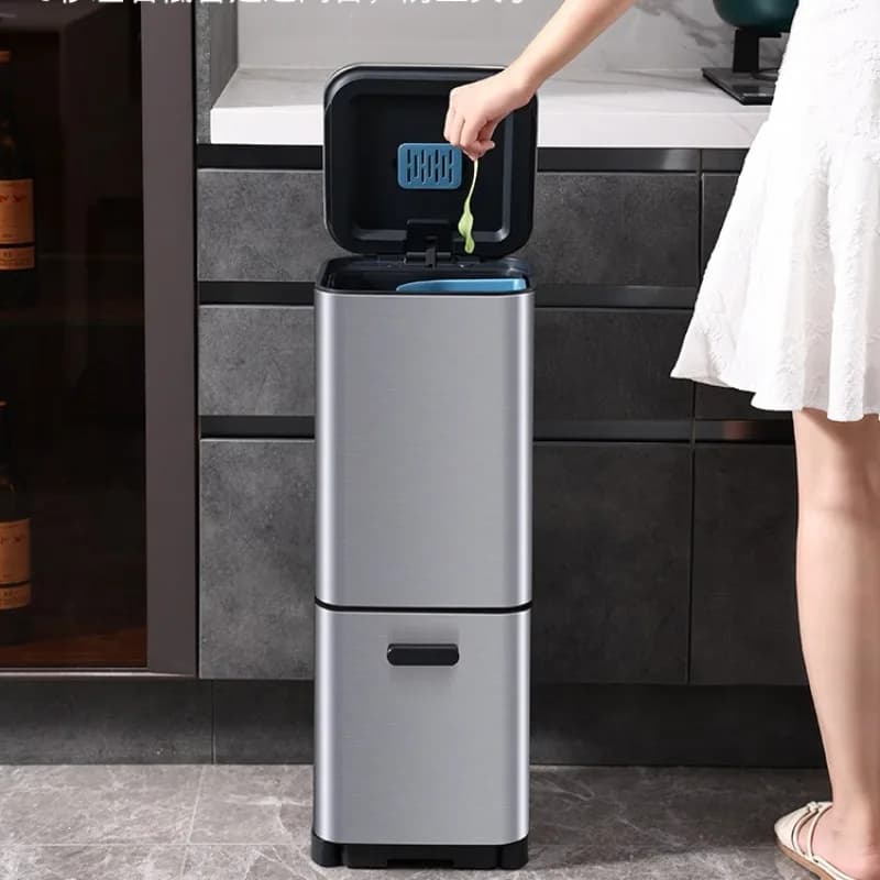 Cestino intelligente per la raccolta differenziata da cucina, separazione di rifiuti secchi e umidi, in acciaio inox a doppio strato, grande.