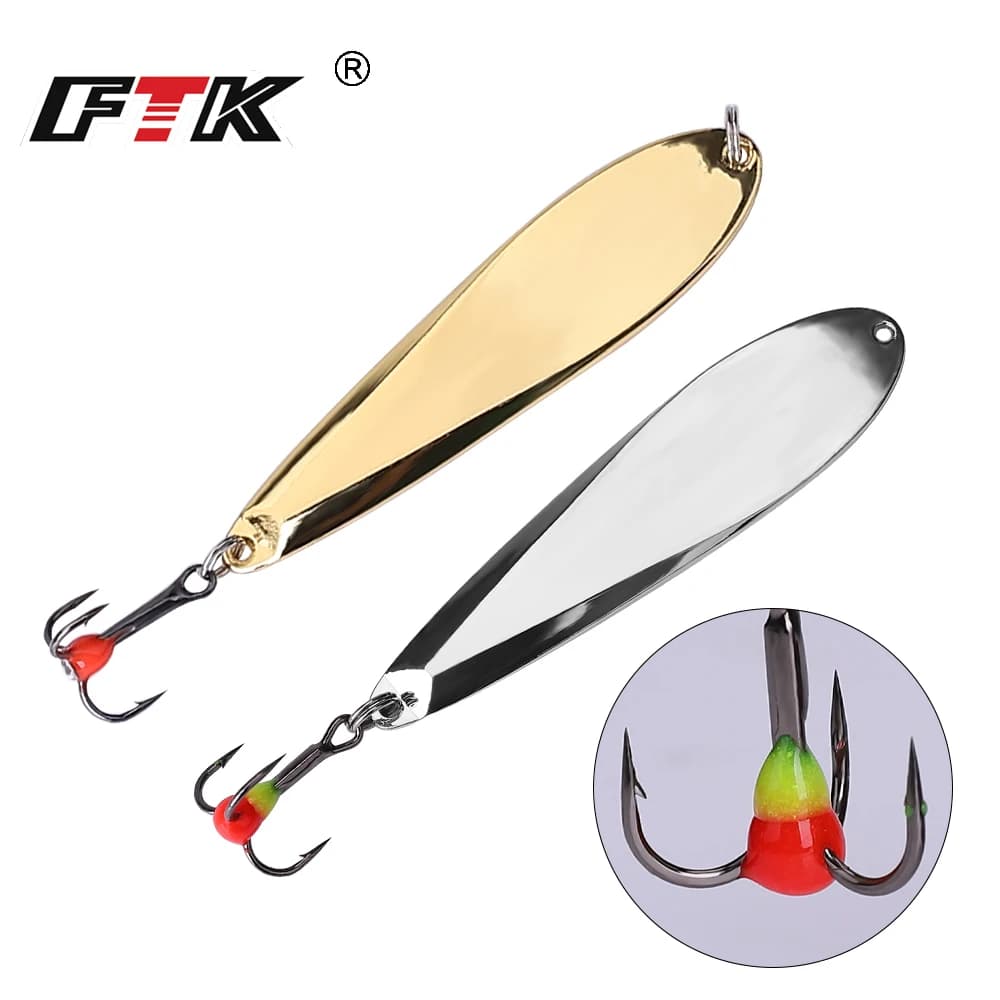 FTK Verticale Jigs Winter Ice Fishing Lure Golden Silver 73mm 12g Spoonbait in metallo con amo triplo per la pesca di perca e luccio
