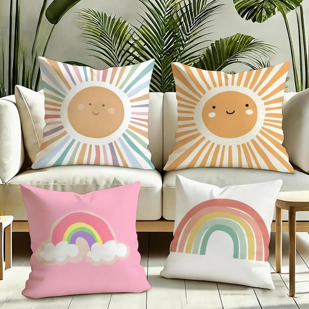 Fodera per cuscino in peluche reversibile con motivo arcobaleno e sole, morbida e soffice, decorazione per la casa, per divano e camera da letto