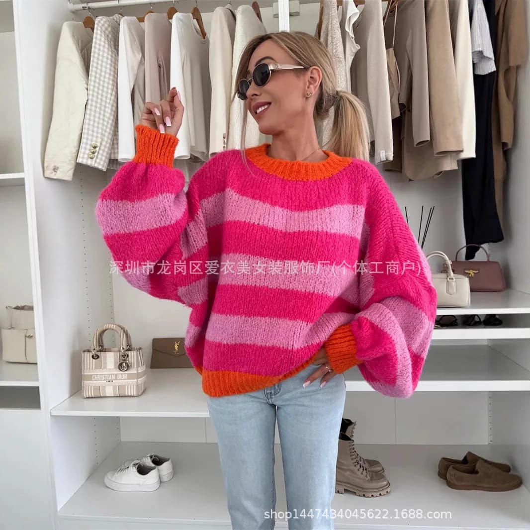 Nuova Collezione Primavera 2026: Maglione da Donna a Righe con Maniche Lunghe e Colori Contrastanti, Tendenza Moda Colorata