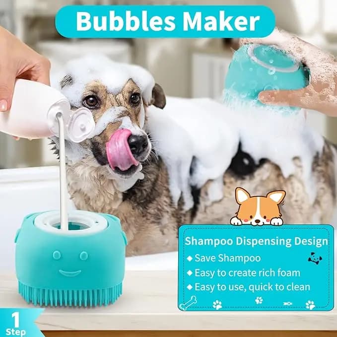 Spazzola da Bagno per Animali Domestici con Dispenser di Shampoo, Spazzola in Silicone per la Cura di Cani e Gatti, Strumento per il Massaggio e il Bagno con Setole Morbide