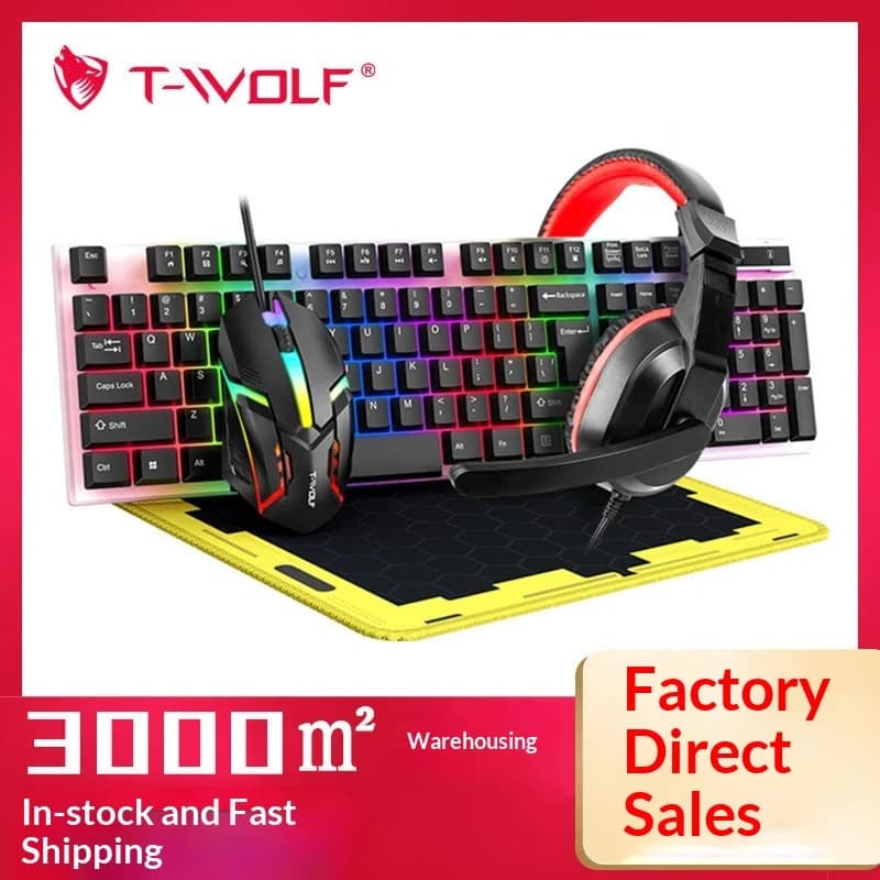 T-Wolf Tf240 4 in 1 Combo Gaming Spagnolo con Tastiera RGB Retroilluminata, Mouse da Gaming, Cuffie da Gaming e Tappetino per Mouse per PC Desktop, Laptop e Giocatori