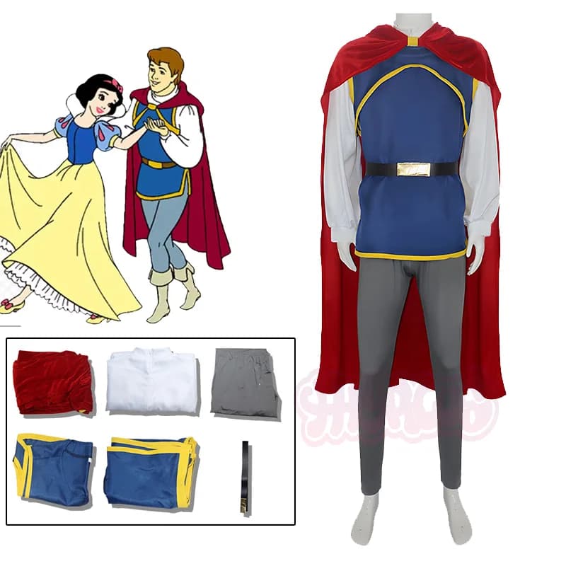 Costume da Cosplay per Uomo Adulto, Abito da Principe Biancaneve per Spettacoli, Set con Camicia + Gilet + Pantaloni + Mantello + Cintura