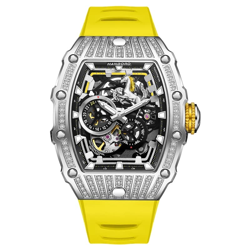 HANBORO Men Automatic Watch 50mm Mechanical Wristwatch Luminous Tonneau Waterproof Multi-Dial Crystal Bezel Miyota 82S7