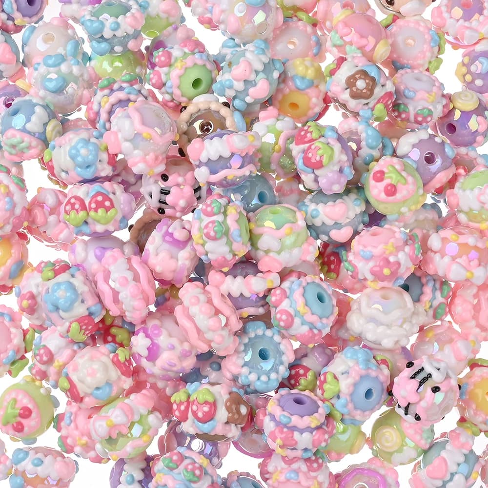 30 Pezzi Perline in Resina Serie Rosa, Fatte a Mano con Motivi Disegnati a Mano, Rotonde Sciolte per Catenelle Portaciuccio, Massaggiagengive, Braccialetti e Giocattoli da Masticare