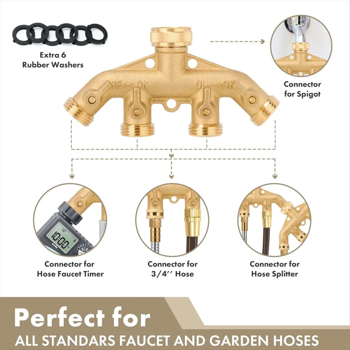 AT13 Star 4 Way Resistant Brass Garden Pipe Separator, Quick Connectors for 3/4 Inch Female and Male Garden Pipe Fitting, For Garden