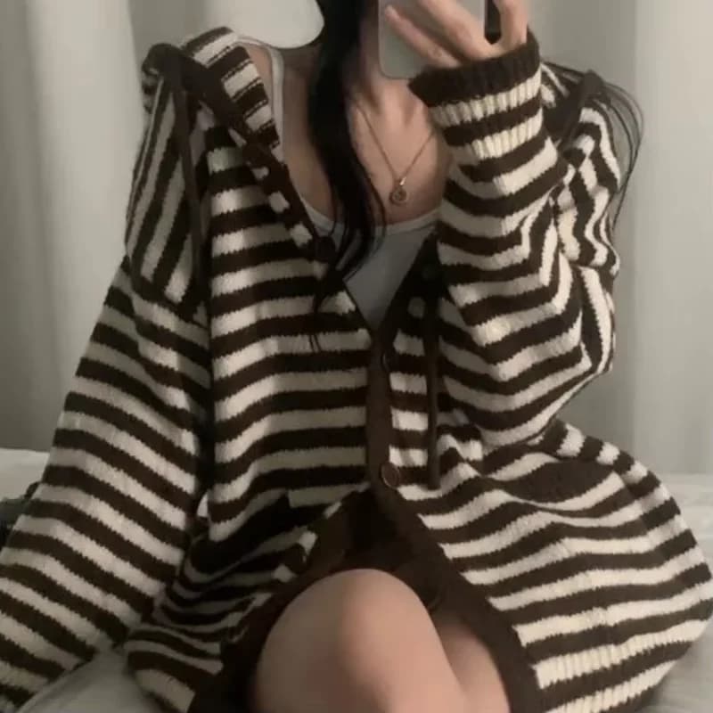Lazy Knit Stripe Hoody Pull Femme Panelled Loose New Mid-length Slim Sweaters Premium Feminine Elegant Casual Moda Jumper