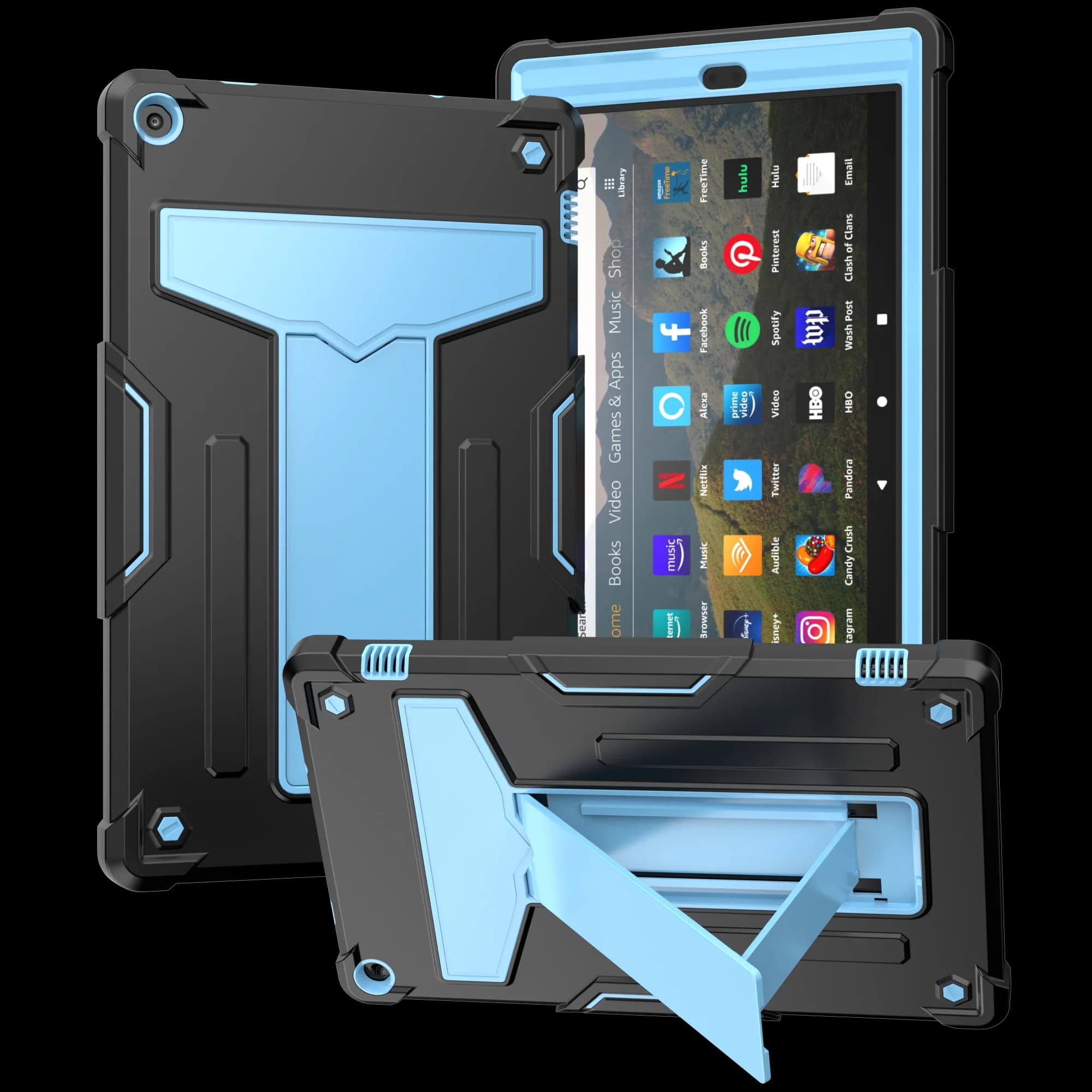 Custodia tablet per Amazon Fire HD 10 (2017/2019), supporto multi-angolo a forma di T, design a contrasto, resistenza alle cadute e agli urti