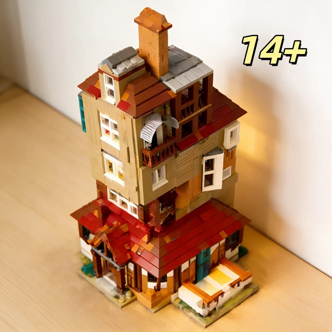 2405 Blocchi da Costruzione MOC Casa Storta Granulare, Modello di Casa in Legno Inclinata Multistrato, Giocattoli da Collezione per Adulti, Giocattoli Assemblabili per le Feste