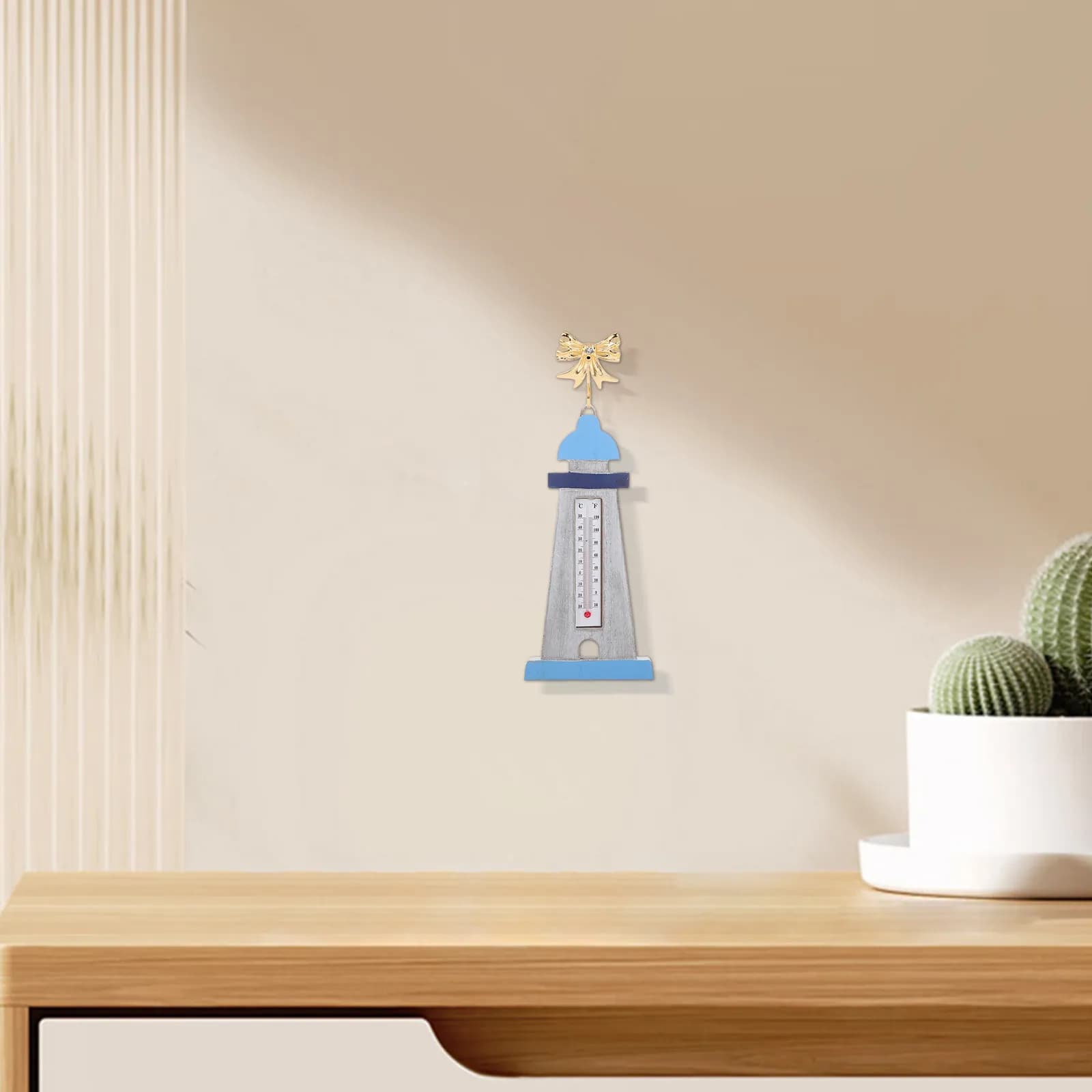 Nautical Wall Decor Wooden Lighthouse Sculpture Hanging Thermometer Home Garden Mediterranean Style Outdoor Wall Temperature