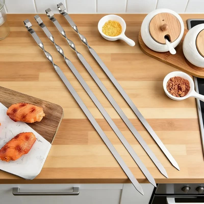 6 pezzi di spiedino per barbecue piatto largo in acciaio inossidabile, bastoncini per barbecue, forchetta da campeggio all'aperto, picnic, cucina, utensili per barbecue, fornitura di accessori
