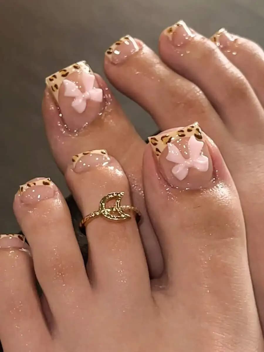 24pcs Leopard Print Pink Bow Minimalist False Nails Set, Includes 1pc Gel Polish And Nail File, Suitable For Women's Daily, Date