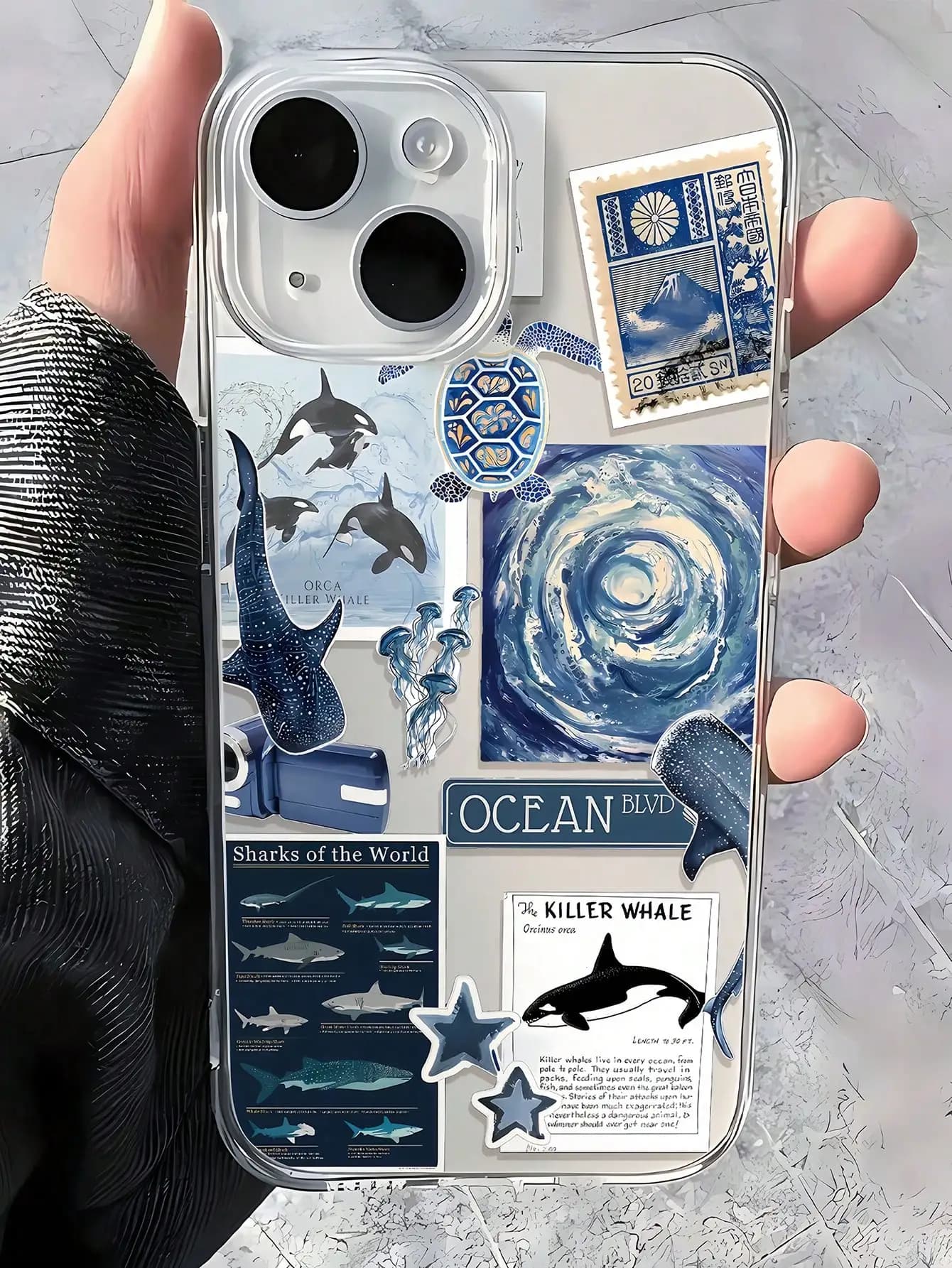 Custodia per telefono estetica Summer Ocean Elements Balena, Medusa, Tartaruga Collage Compatibile con iPhone da 17 a 11 Pro Max Plus