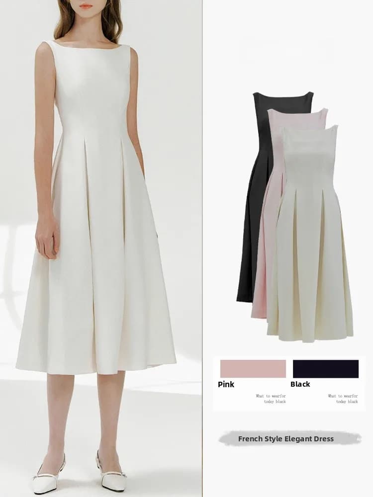 Elegante Abito Estivo da Donna Senza Maniche a Vita Alta, Stile Raffinato e Snellente, con Chiusura a Cerniera e Gonna a Trapezio