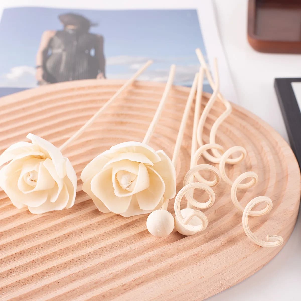 8 pz diametro 5cm fiore di Sola rosa essiccata con bastoncini di Rattan ondulati sfera di legno diffusore a bastoncini fiore di ricambio aromaterapia fai da te