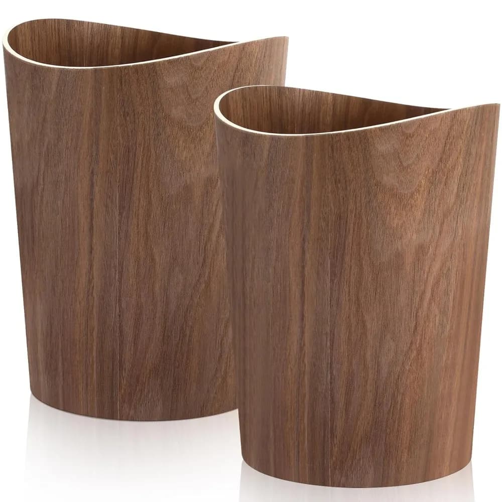 Set di 2 Cestini per Rifiuti Rotondi in Legno Naturale da 8,7 Litri, Piccoli Contenitori per Casa, Ufficio, Cucina, Camera da Letto, Camera d'Albergo, Colore Scuro Ondulato