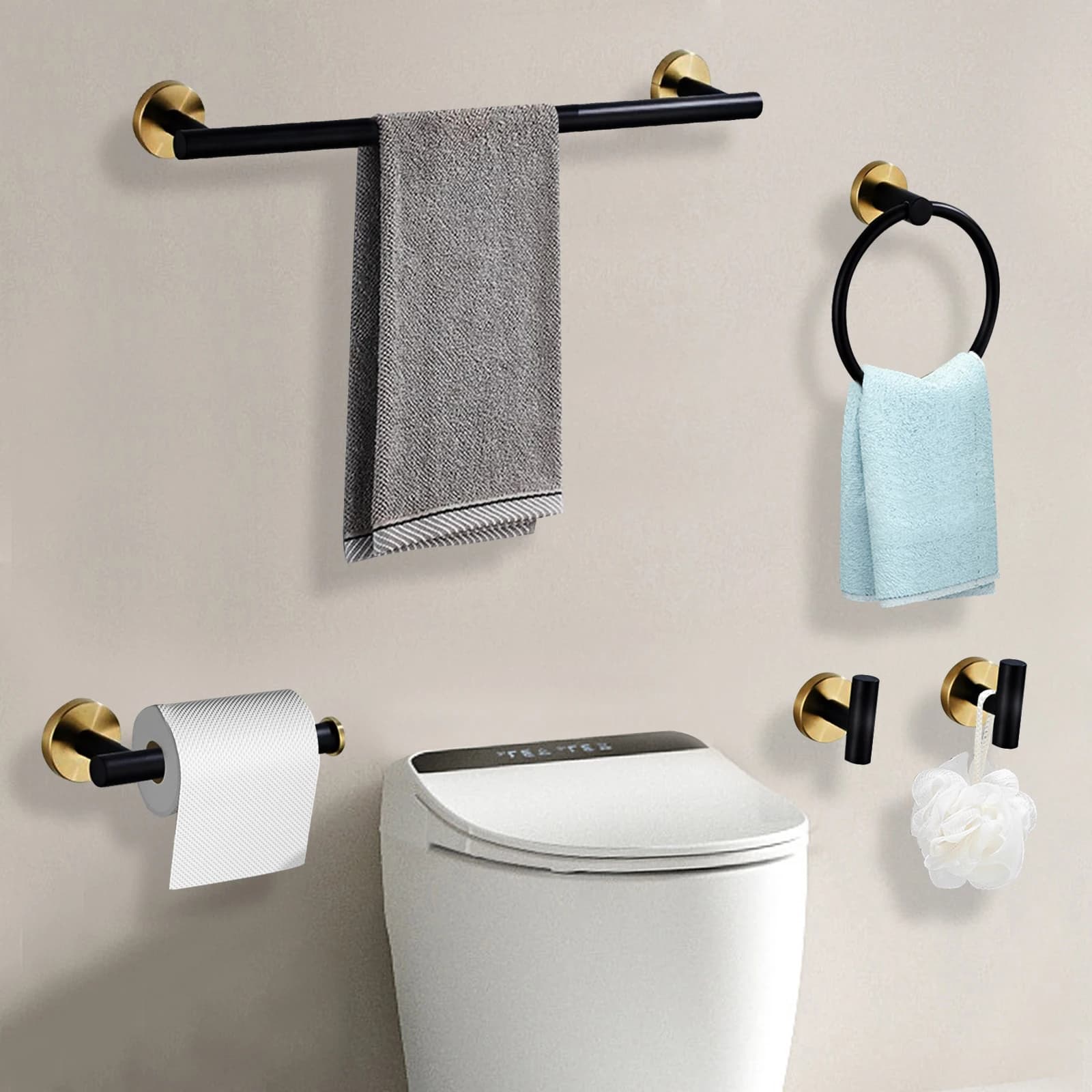 Set portasciugamani in oro nero da 5 pezzi, kit hardware da parete in acciaio inossidabile per bagno, organizer moderno portasciugamani