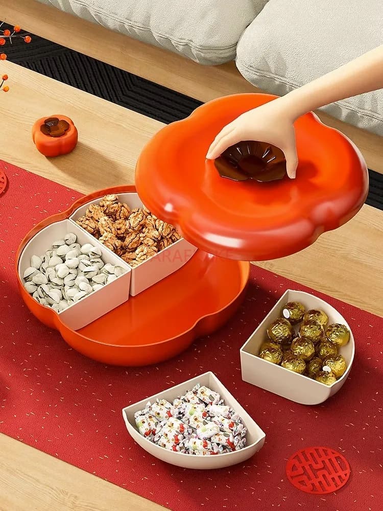 Scatola di caramelle creativa Scatola di frutta secca Piatto di frutta diviso Scatola di immagazzinaggio di snack con coperchio Capodanno