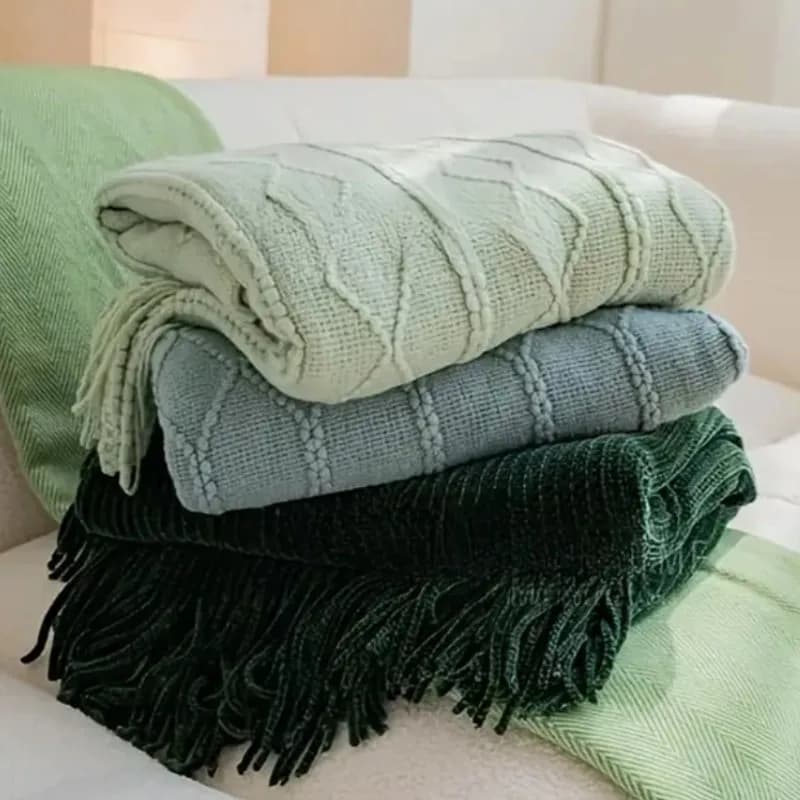 Coperte verdi oversize Coperta lavorata a maglia con nappe nordiche Coperta per pisolino da ufficio Aria condizionata Coperta Scialle Asciugamani per letto