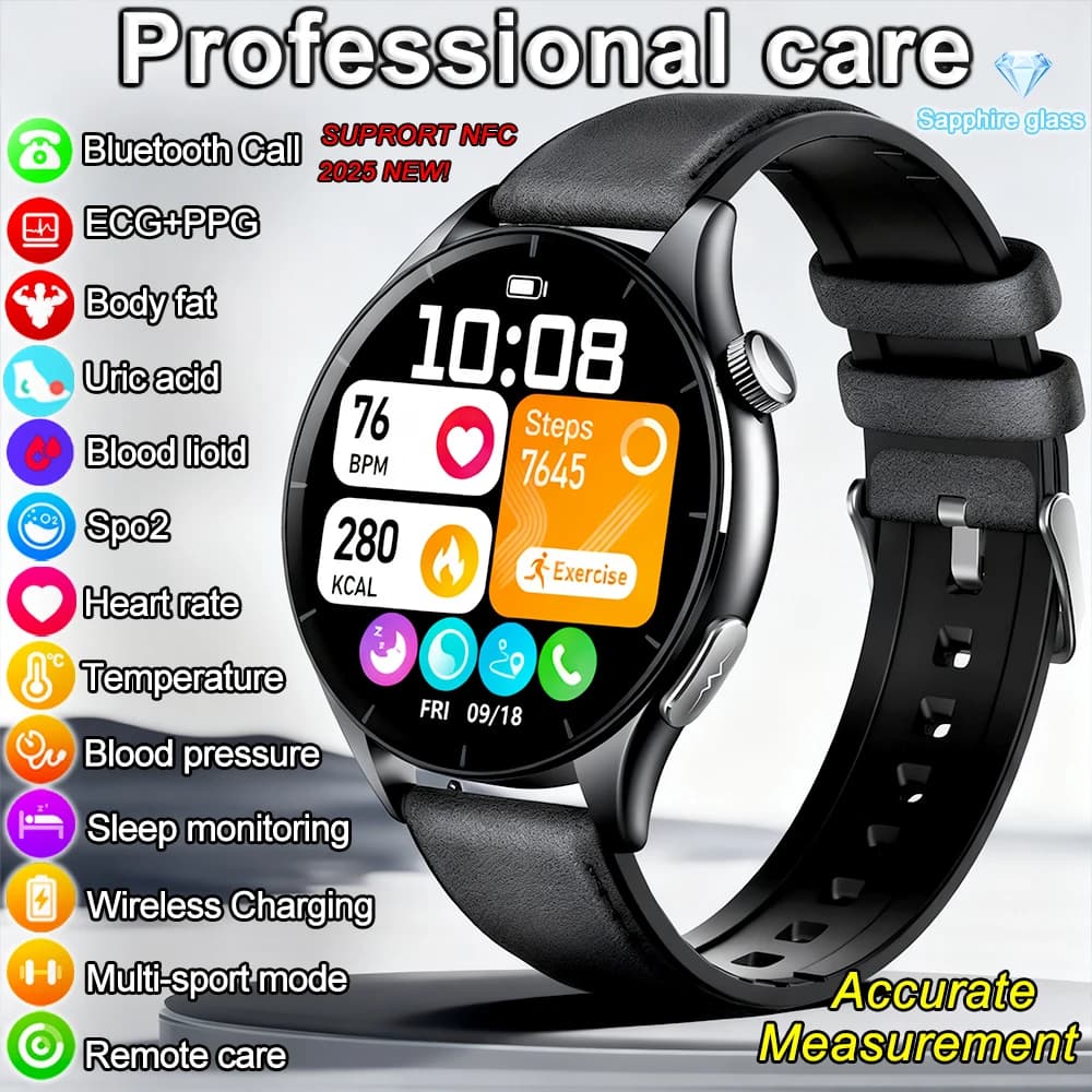 2025 Nuovo NFC + ECG + PPG Salute Smart Watch BMI Grasso Frequenza cardiaca Orologio per la pressione sanguigna 380mAh BT Chiamata IP68 Bracciale sportivo impermeabile
