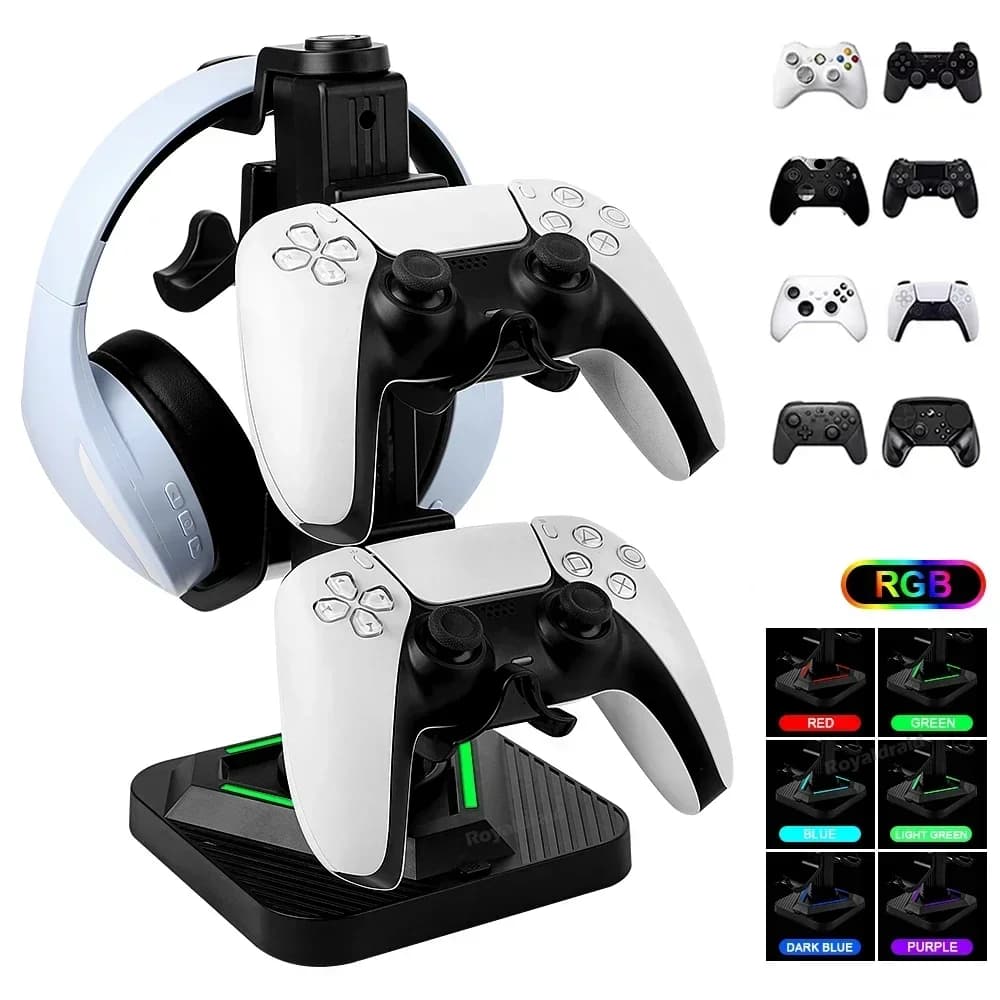 Supporto per Controller a 2 Livelli per PS5/XSX con Striscia LED, Stand Porta Gamepad/Cuffie, Accessori per Gaming