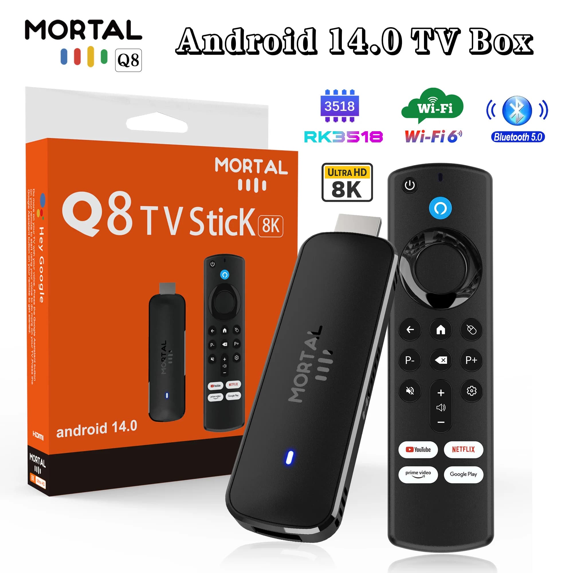 Q8 Smart Android 14 TV Stick 8K@60fps WiFi 6 con Telecomando Vocale, Versione Globale, Rockchip RK3518, Netflix YouTube Live TV Box - Direttamente dalla Fabbrica