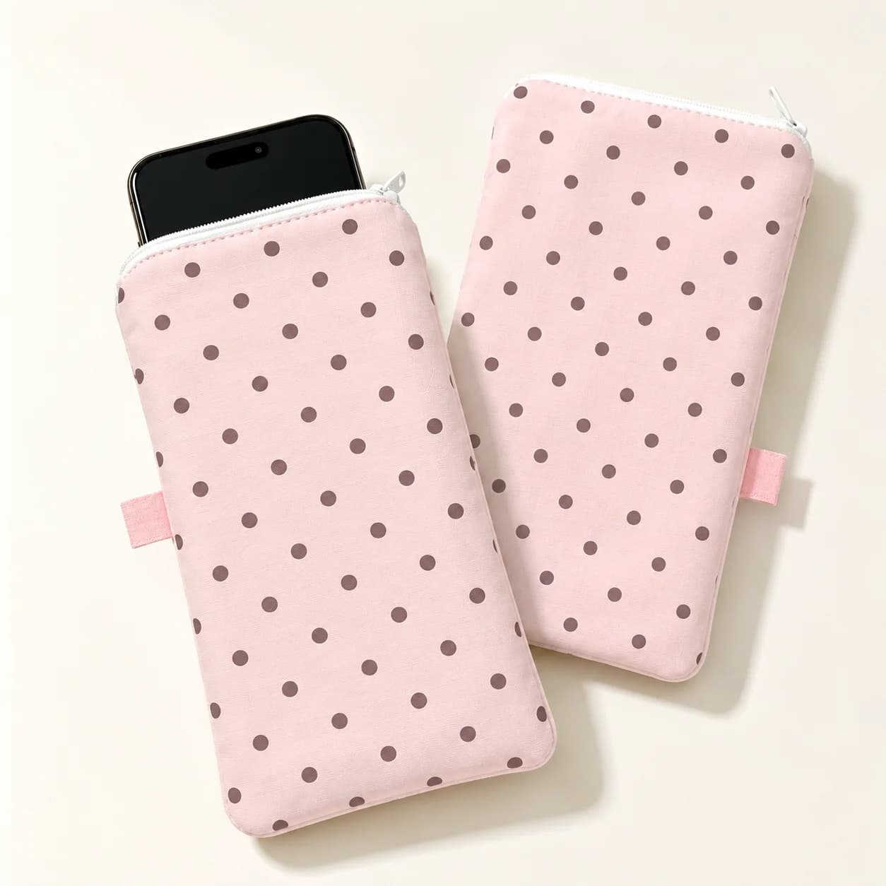 Pink Polka Dot Phone Pouch for Women, Soft Zipper Mobile Sleeve with Pull Tab for Travel, Handbag, School & Daily Carry