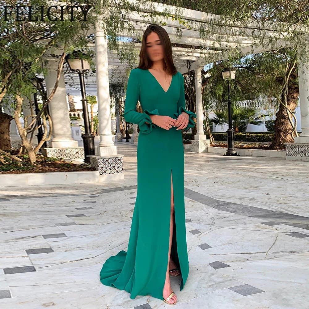 FELICITY Customized Green Sheath V-Neck Mother of the Bride Dress Wedding Guest Dresses Split Front Long Formal Occasion Gowns