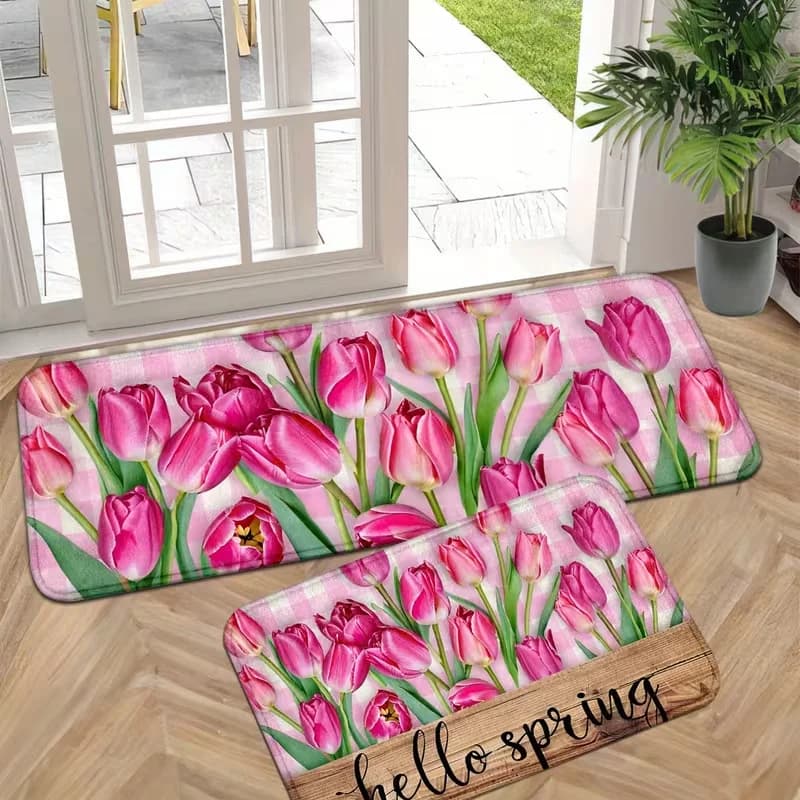 Tappeto da Cucina Floreale 'Hello Spring', Passatoia e Zerbino con Tulipani Rosa, Tappeto Antiscivolo per Arredamento Lavanderia