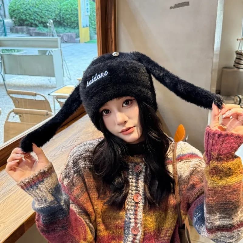 Cute Little Rabbit Ears Toe in White Plush Cold Hat Woman Autumn and Winter Ear Protection Hat Hot Fleece Gift H2