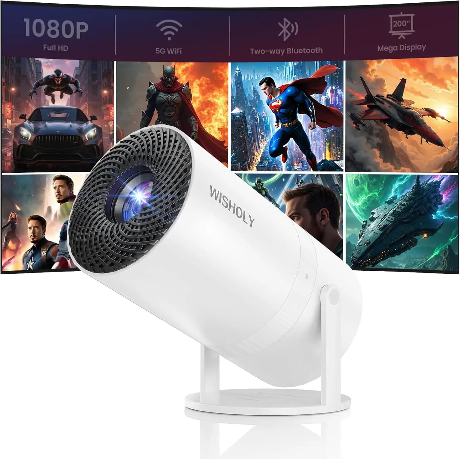 Mini Proiettore WiFi Bluetooth, 1080P HD Portatile con 180 ° Portachiavi verticale girevole e automatico