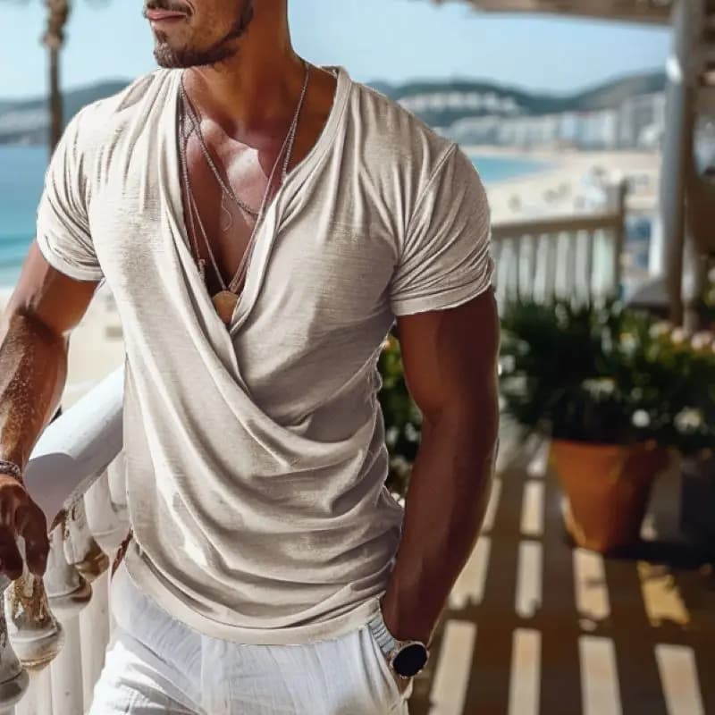 T-shirt da uomo con scollo a V tinta unita Tulum Holiday Style Cotone traspirante Comodo abbigliamento casual estivo da spiaggia
