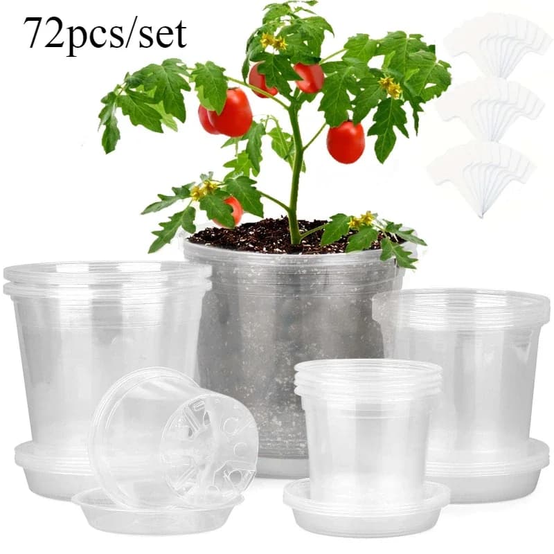 72 pieces/set transparent for nursery vessels with trays and labels, transparent plastic planter, flower pot for seed