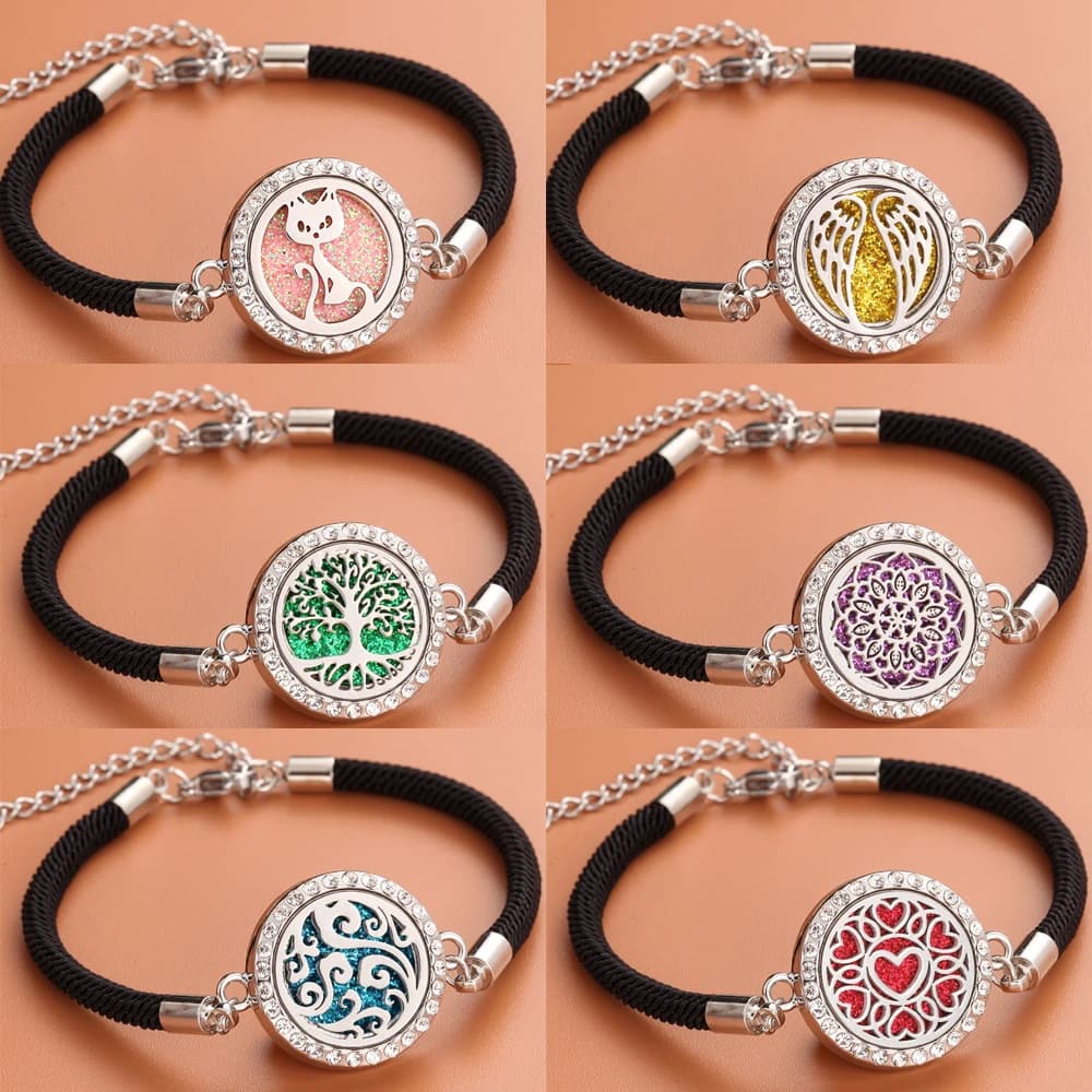 Braccialetti con diffusore per aromaterapia in pelle con strass ali d'angelo Braccialetti con fibbia in pelle Gioielli con medaglione diffusore da donna
