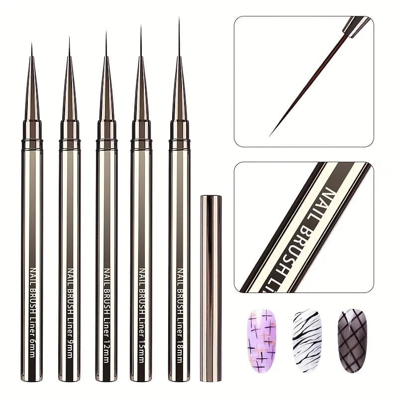 5 Pz/set 6/9/12/15/18mm Nail Liner Brush Set Drawing Band Lines Painting Flower Pen Artistic Nails Handle Metal Brush Set